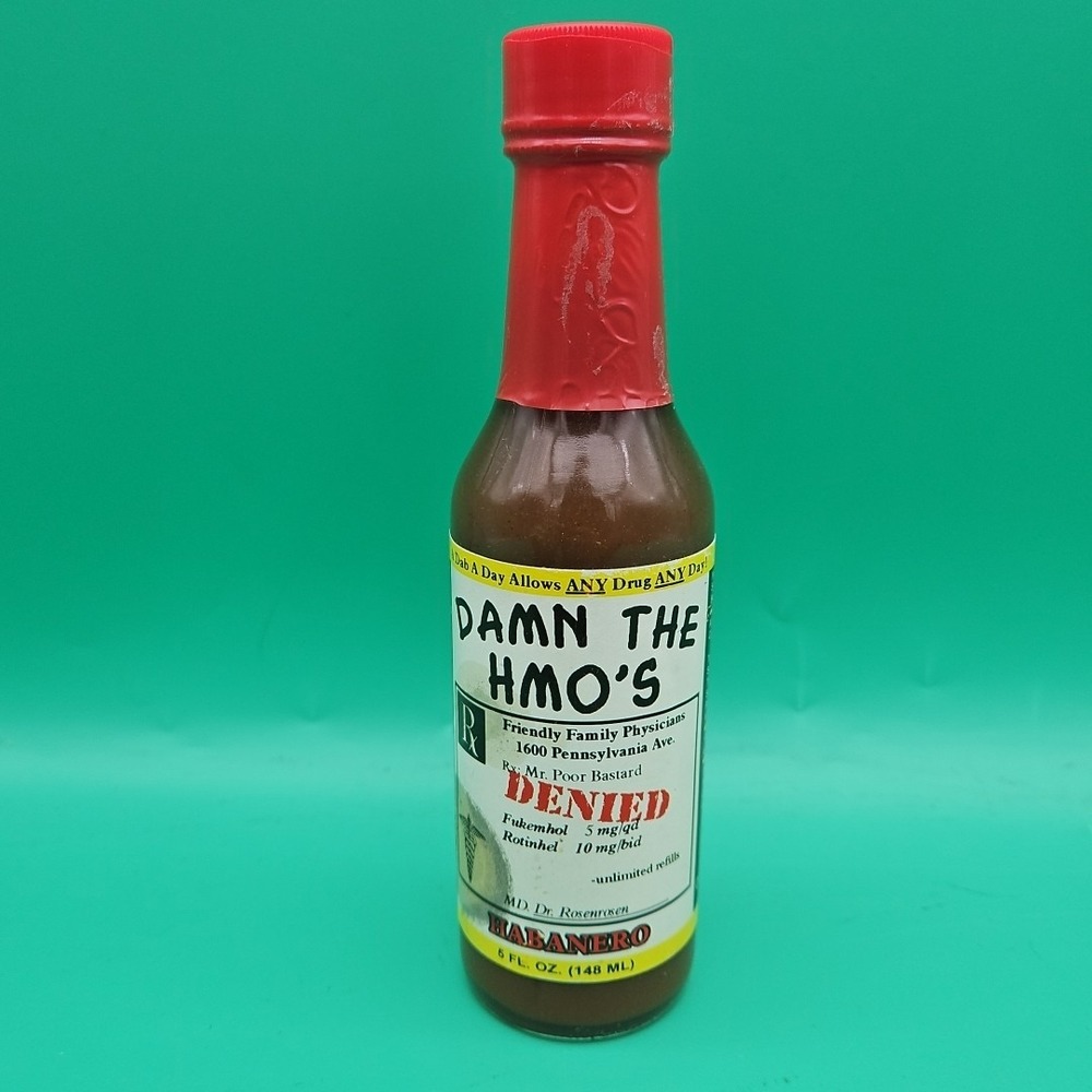 Rare Pharmaceutical Drug Rep Hot Sauce Bottle "Damn The HMO's" Habanero 5 Oz